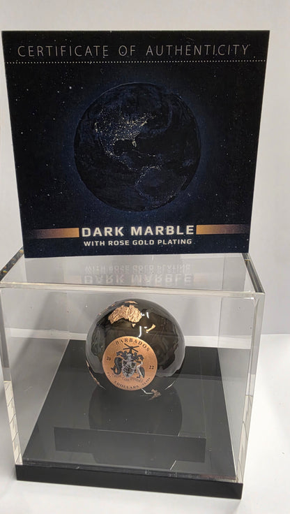 2022 Barbados 5 Dollars "Dark Marble" (Pangea Blue Marble / Earth at Night) Spherical Coin plated in 24k rose gold with translucent enamel and a 3 oz .999 pure silver core.
