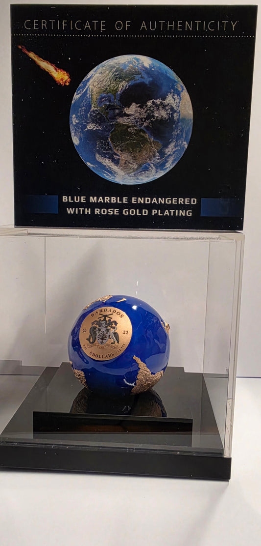 2022 Barbados, Blue Marble Endangered, Five Dollars, with Rose Gold Plating