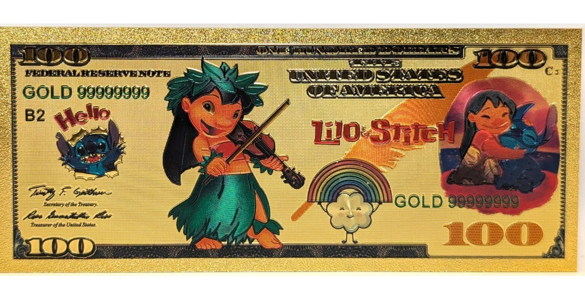 Lilo Lilo & Stitch Disney $100 Dollar 24K Gold Foil Plated Note Bill