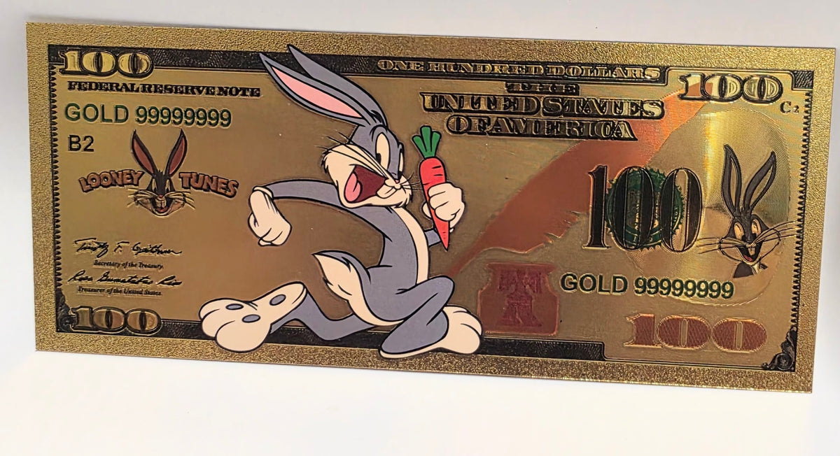 Bugs Bunny Looney Tunes $100 Novelty Gold Foil Note featuring a 24K gold-plated foil design.