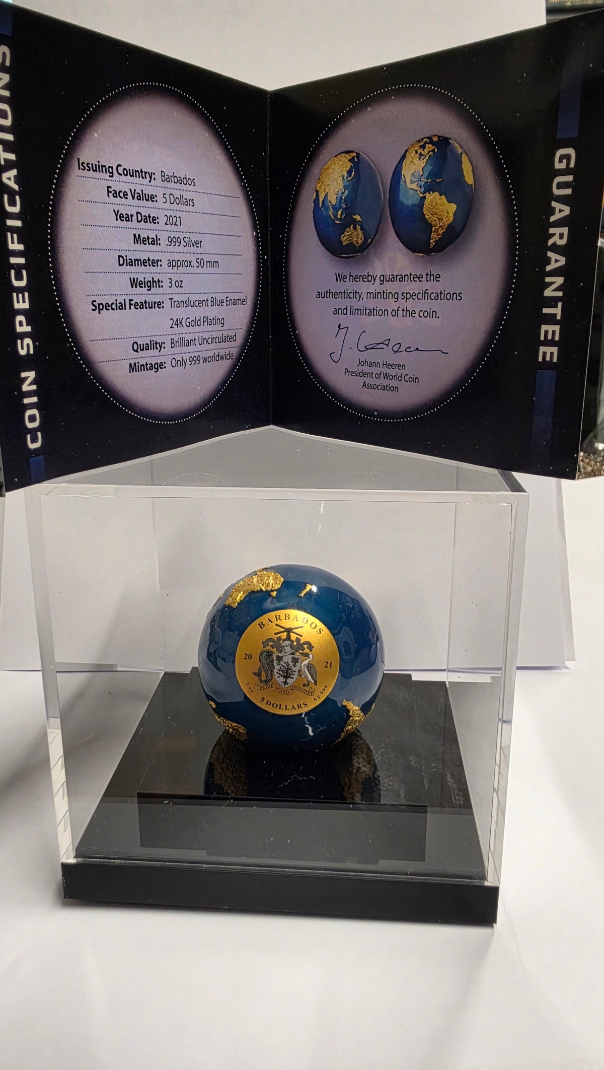 2021. Barbados 5 Dollars "Blue Marble" Spherical Silver Coin with Gold Plating