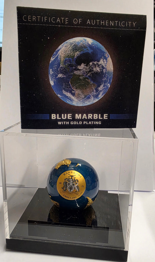 2021. Barbados 5 Dollars "Blue Marble" Spherical Silver Coin with Gold Plating