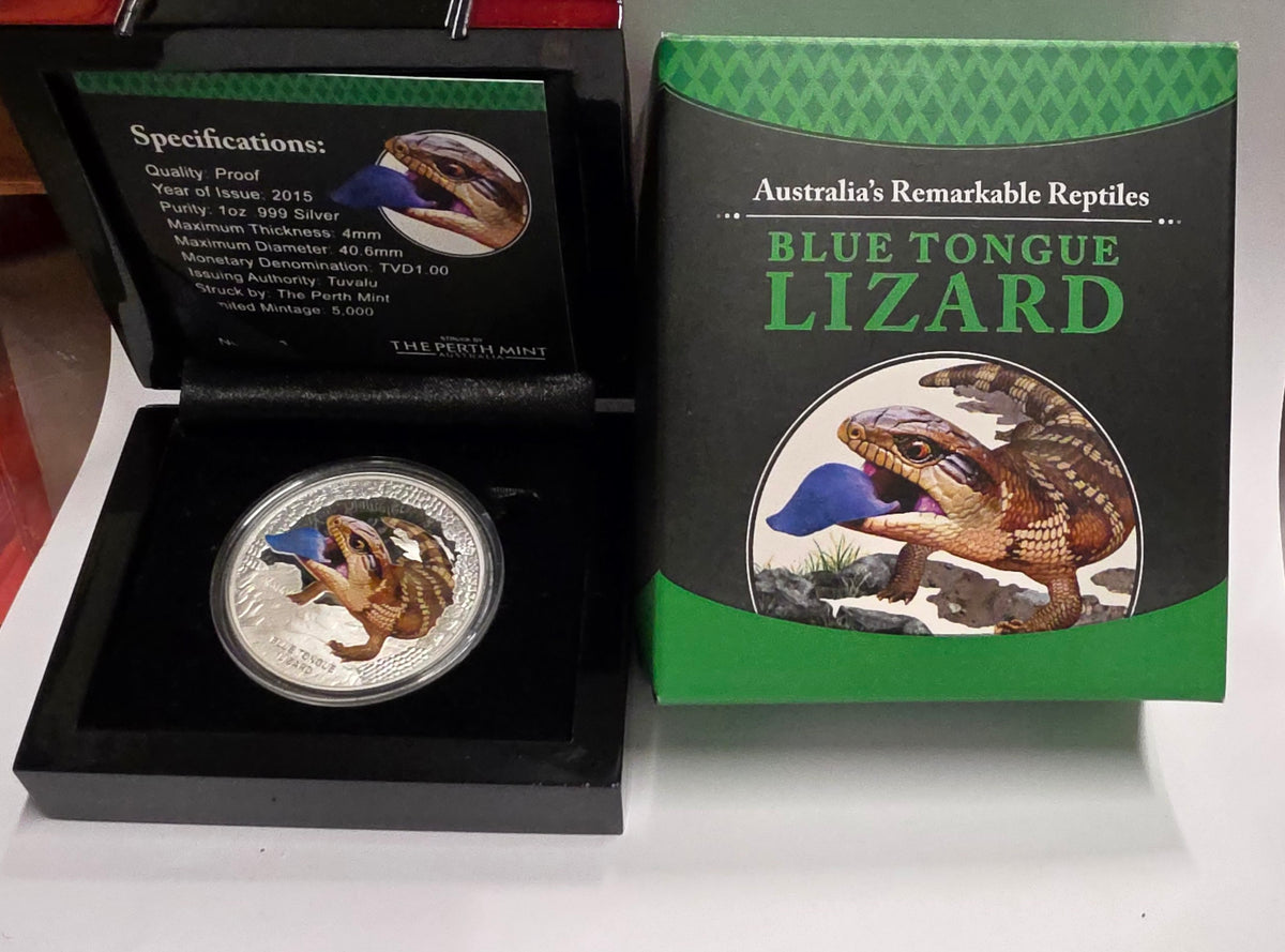 BLUE TONGUE LIZARD Remarkable Reptiles Moloch Silber Proof Münze 1$ Tuvalu 2015