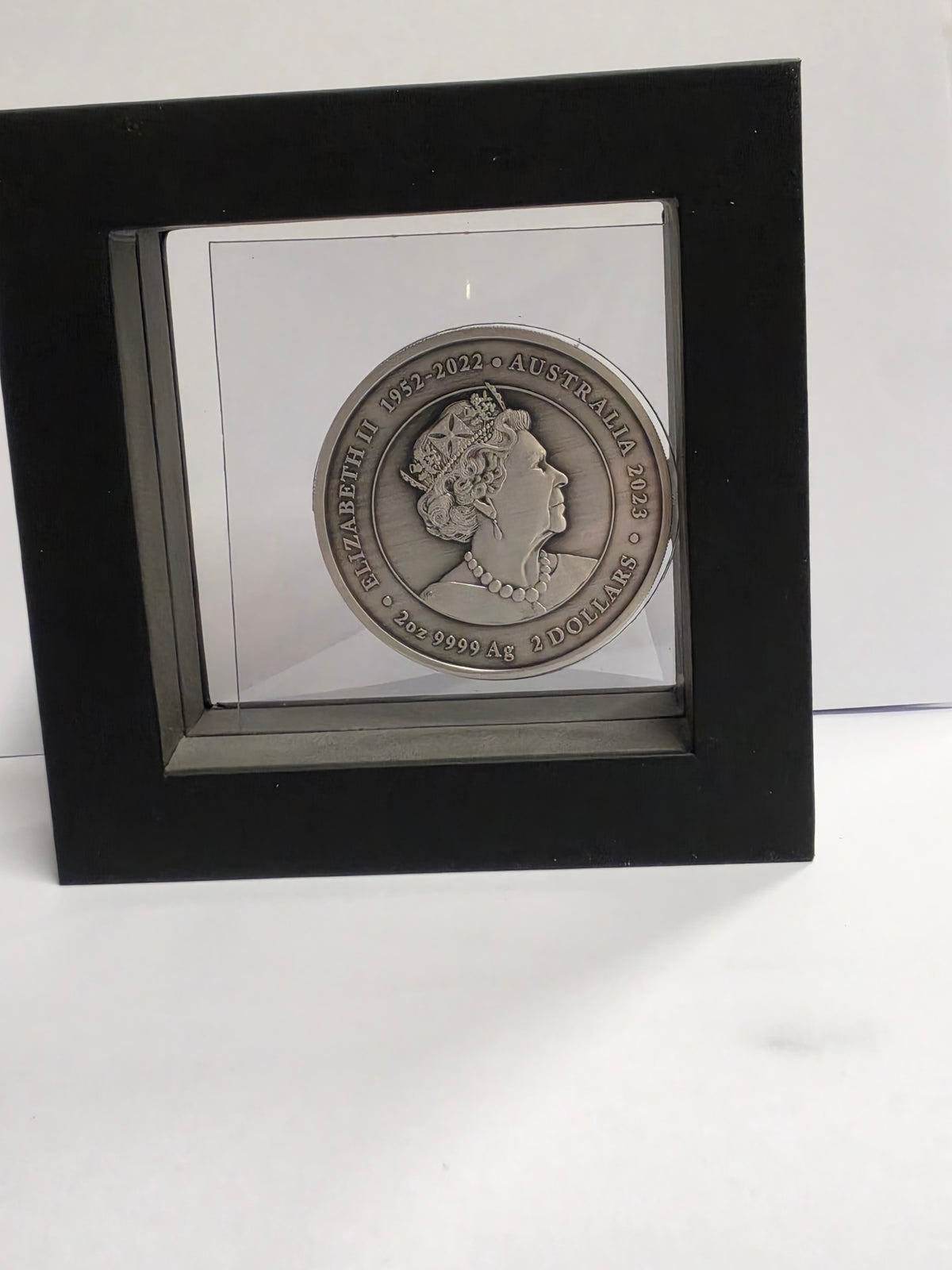 the Perth Mint 2023 Kangaroo Yongka 2oz Silver Antiqued Coloured Coin.