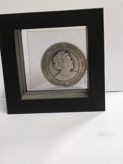 the Perth Mint 2023 Kangaroo Yongka 2oz Silver Antiqued Coloured Coin.