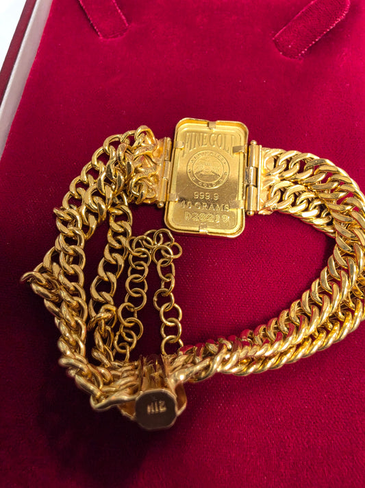 21 kt Bracelet with 1 Oz 999.9 10 gr Bar with Engraved Rose motif