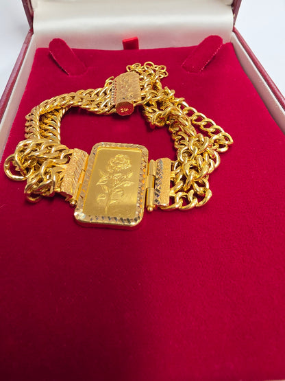 21 kt Bracelet with 1 Oz 999.9 10 gr Bar with Engraved Rose motif