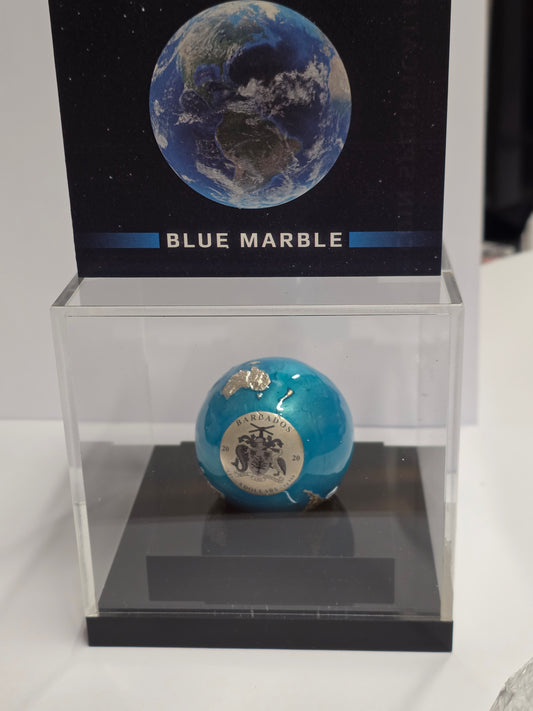 2022 5 Dollars "Blue Marble" Spherical silver coin issued by Barbados.