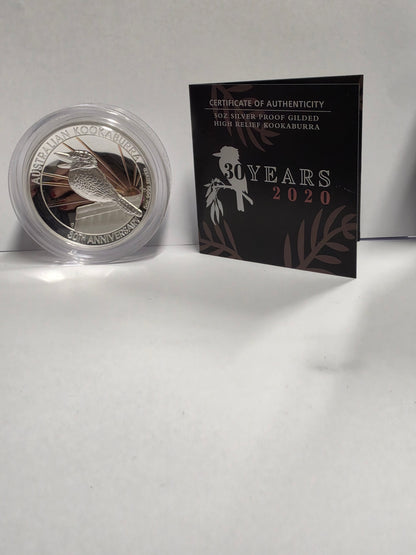 2020 30th Anniversary Australian Kookaburra 5oz Silver Proof High Relief Gilded Coin