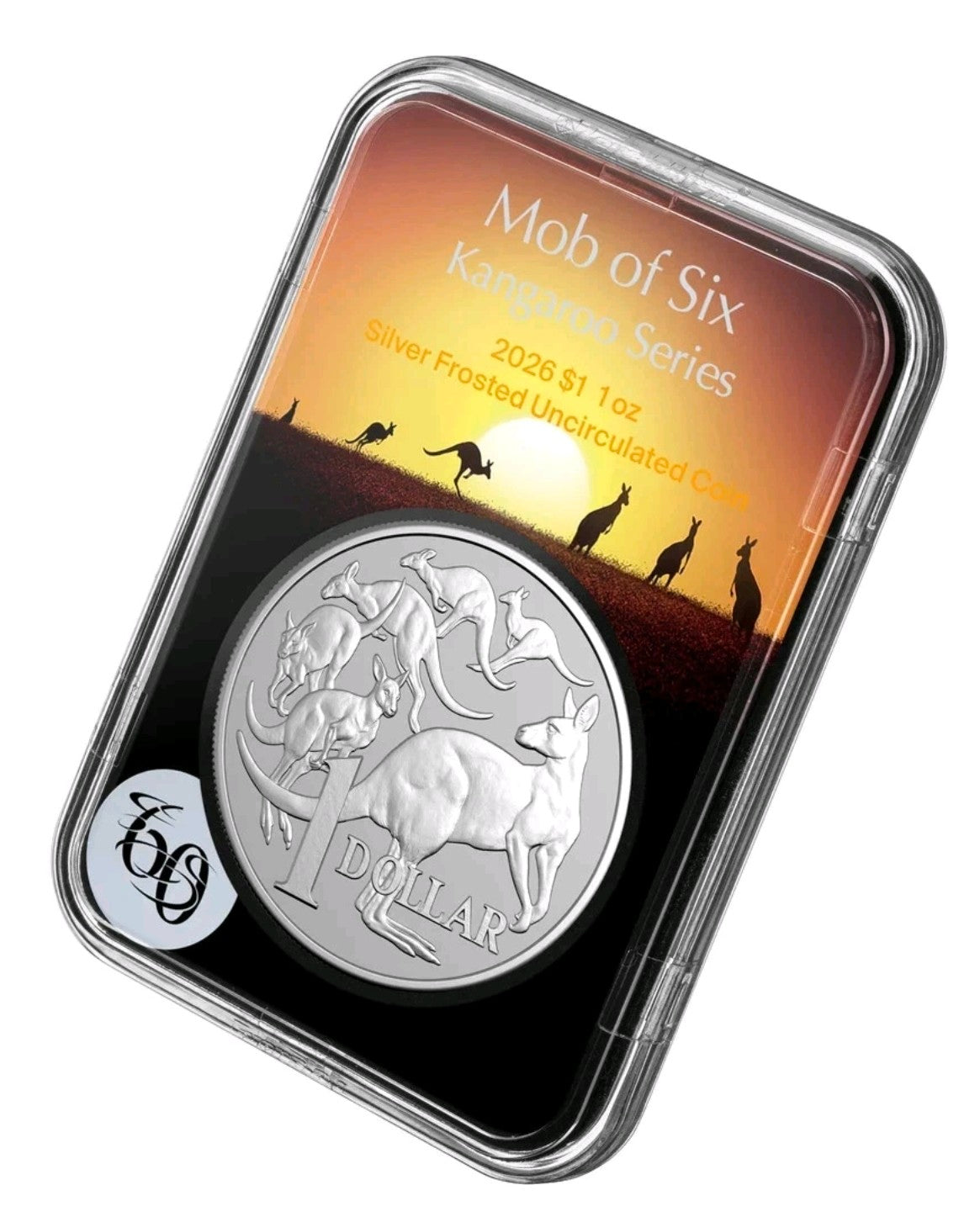 Royal Australian Mint 2026 Kangaroo Series 1oz Silver Frosted Uncirculated Coin, featuring a "Mob of Six" design commemorating six decades of decimal currency.
