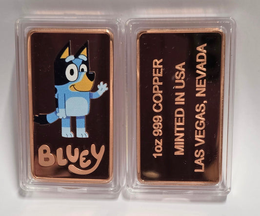 1 oz Coloured Bluey Bucks .999 Fine Copper Bar