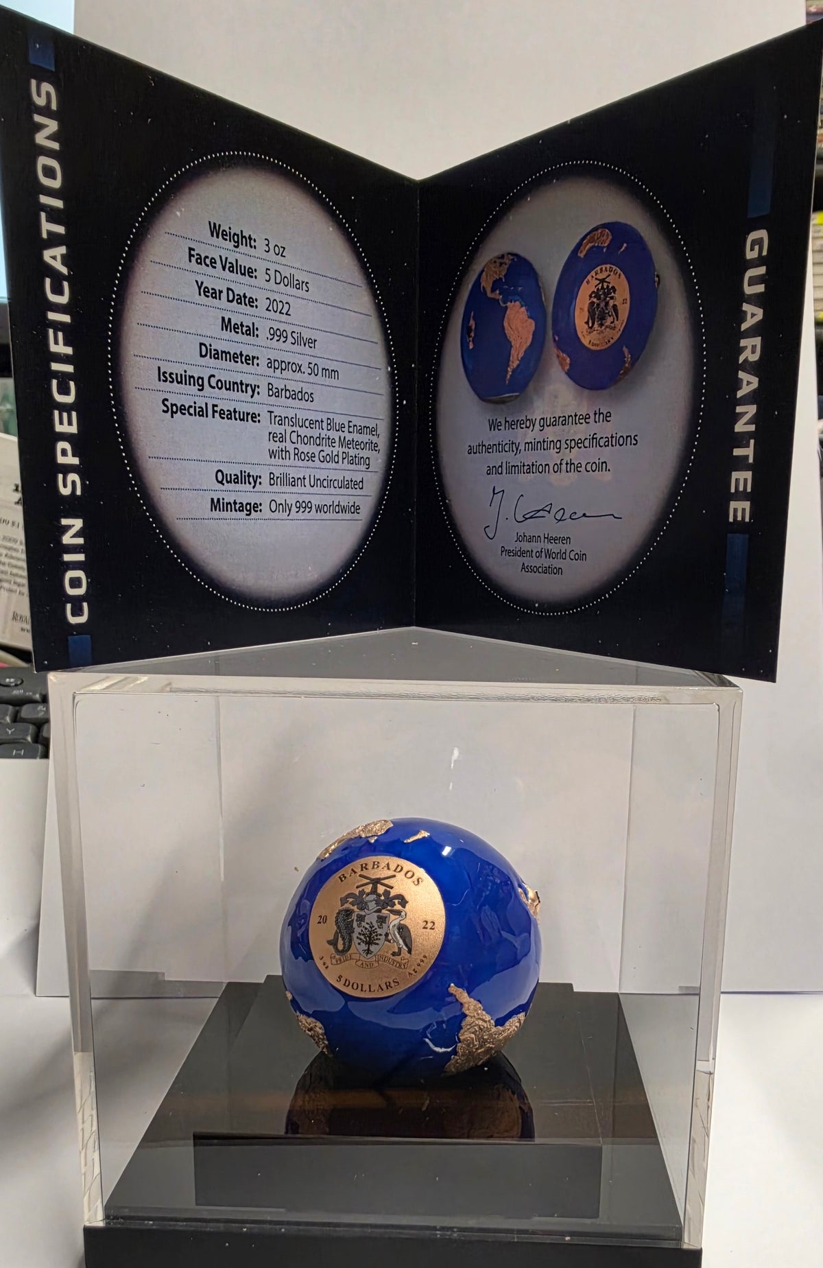 2022 Barbados, Blue Marble Endangered, Five Dollars, with Rose Gold Plating
