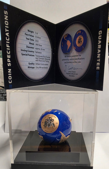 2022 Barbados, Blue Marble Endangered, Five Dollars, with Rose Gold Plating