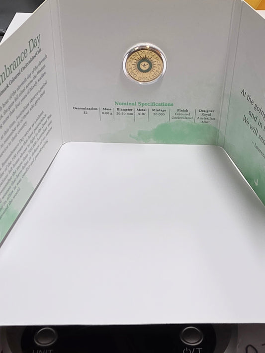 2014 $2 Remembrance Day Green Dove Coloured 'C' Mint Mark Coin on Card "UNC" RAM