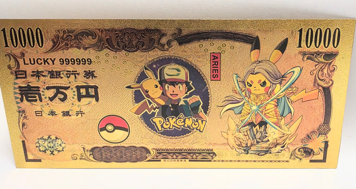24 K Gold Plated Novelty 10,000 Yen gold foil banknote featuring Pikachu and Ash from Pokémon