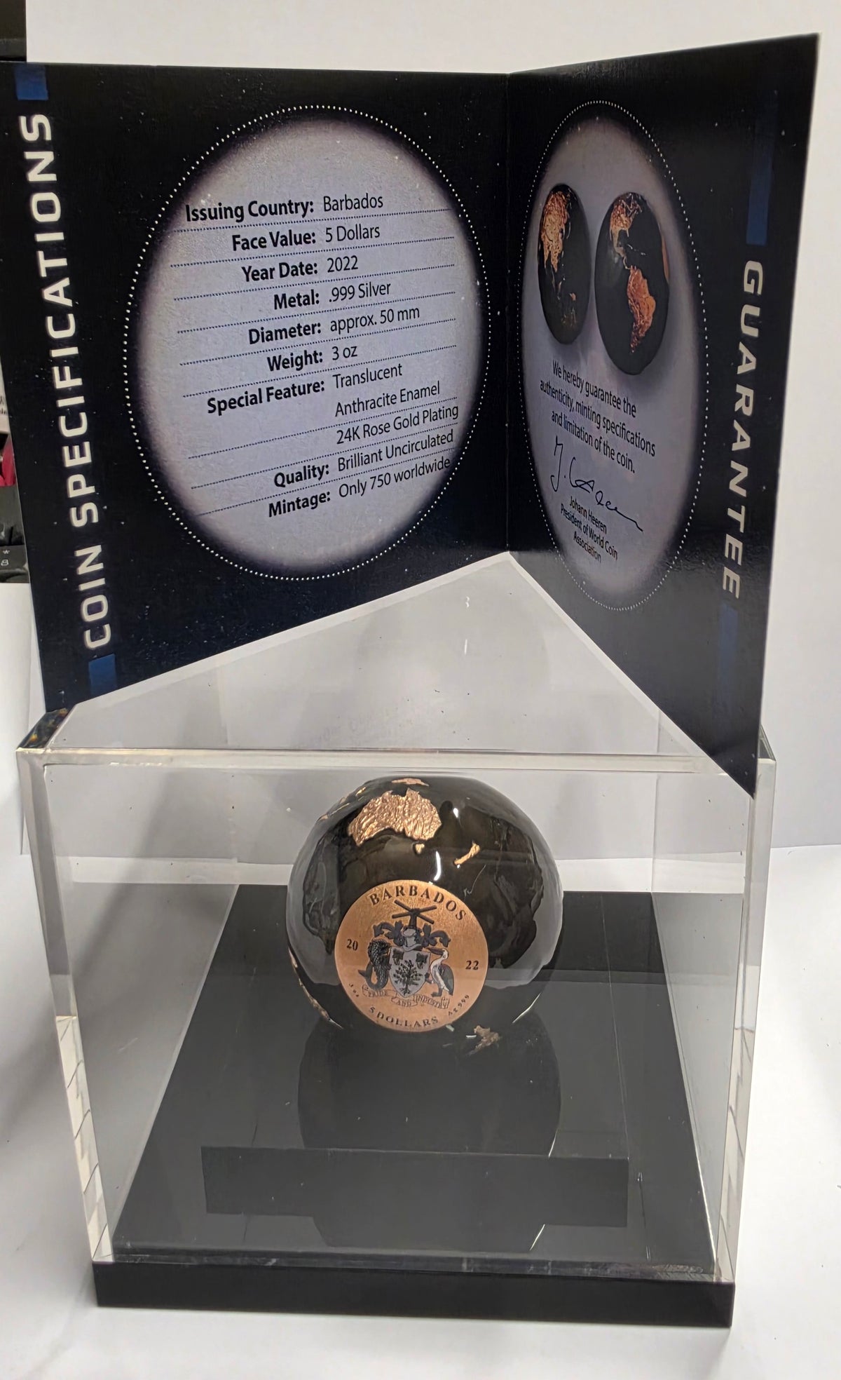 2022 Barbados 5 Dollars "Dark Marble" (Pangea Blue Marble / Earth at Night) Spherical Coin plated in 24k rose gold with translucent enamel and a 3 oz .999 pure silver core.