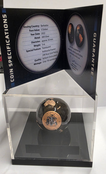 2022 Barbados 5 Dollars "Dark Marble" (Pangea Blue Marble / Earth at Night) Spherical Coin plated in 24k rose gold with translucent enamel and a 3 oz .999 pure silver core.
