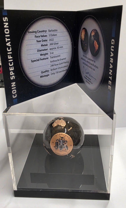 2022 Barbados 5 Dollars "Dark Marble" (Pangea Blue Marble / Earth at Night) Spherical Coin plated in 24k rose gold with translucent enamel and a 3 oz .999 pure silver core.