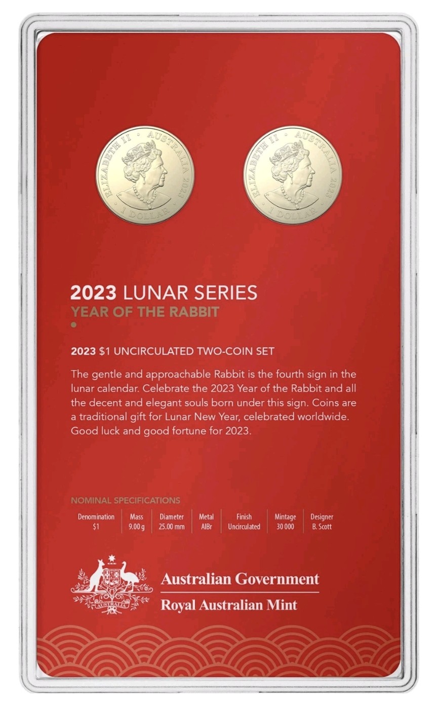 2023 $1 Uncirculated Two-Coin Set – Year of the Rabbit, issued by the Royal Australian Mint