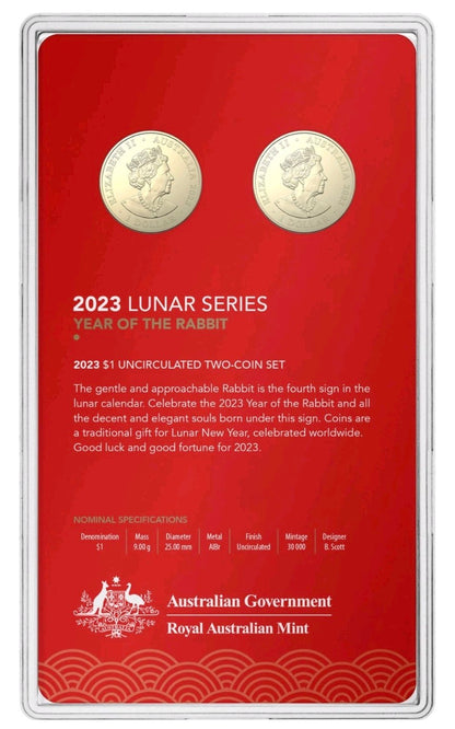 2023 $1 Uncirculated Two-Coin Set – Year of the Rabbit, issued by the Royal Australian Mint