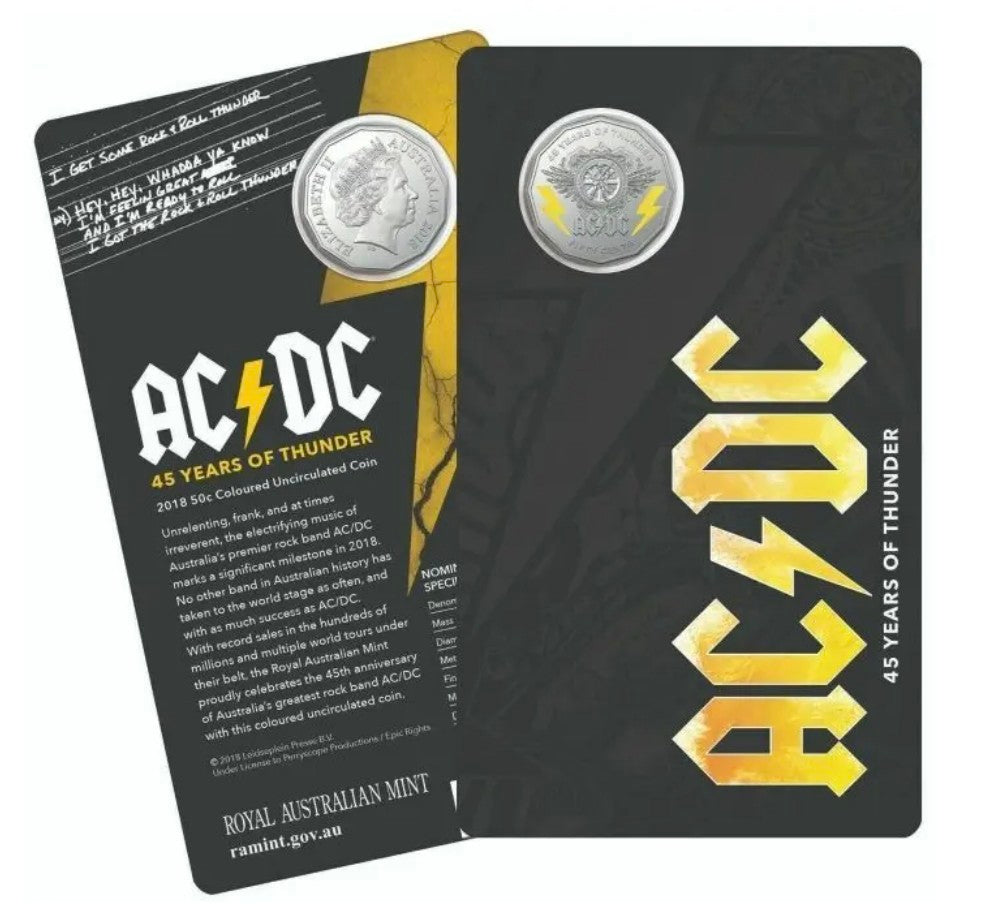 2018 50¢ ACDC - 50c Coloured CuNi UNC Coin on card 45 Years of Thunder