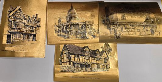 Set of four vintage English gold foil metal etchings featuring historic landmarks and buildings: Harvard House , St. Paul's Cathedral (London), The Old Curiosity Shop (London), and Shakespeare's Birthplace (Stratford-upon-Avon).One set of 4