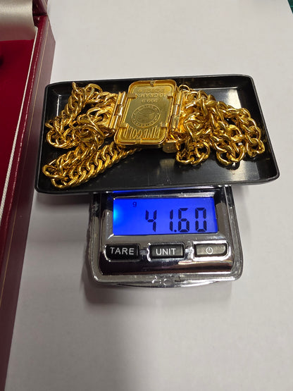 21 kt Bracelet with 1 Oz 999.9 10 gr Bar with Engraved Rose motif