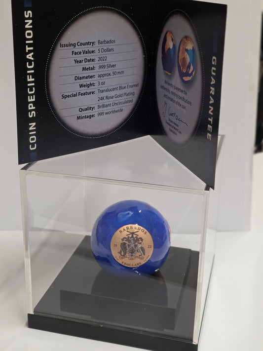 2022 Barbados 5$ Pangea Blue Marble Rose Gold Plated Spherical 3 oz Silver Coin in a display case with its certificate of authenticity