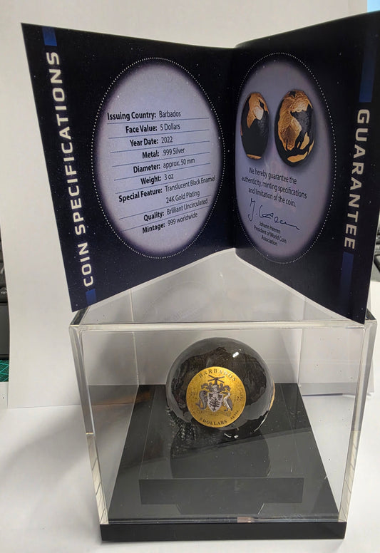 2022 Barbados 5 Dollars Spherical Globe Coin ("Pangea Dark Marble with Gold Plating" or "Blue Marble" series