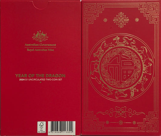 2024 $1 Lunar Year of the Dragon Uncirculated Two-Coin Set issued by the Royal Australian Mint