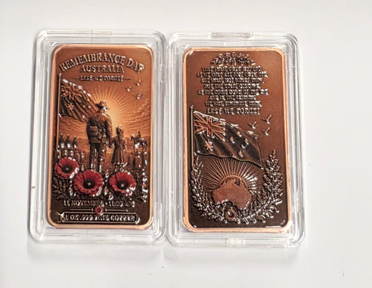 Remembrance Day Australia 1 oz .999 Fine Copper Bars